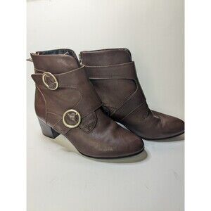 ONO Melker Brown Leather Ankle Boots Women's Size 8.5M Double Buckle Moto Bootie